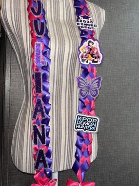 Custom Braided Graduation Lei with Purple & Hot Pink Accents